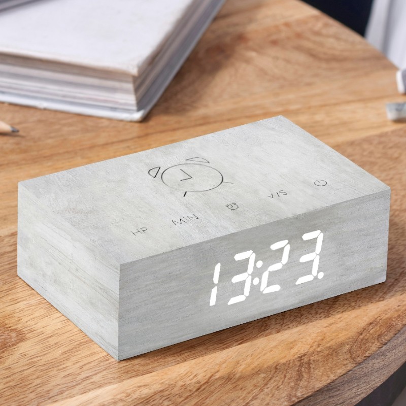 Orologio sveglia digitale e ricaricabile in legno bianco con controllo touch e spegnimento facile della sveglia